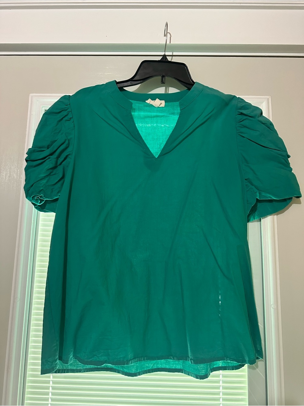 entro Teal Puff-Sleeve V-Neck Blouse